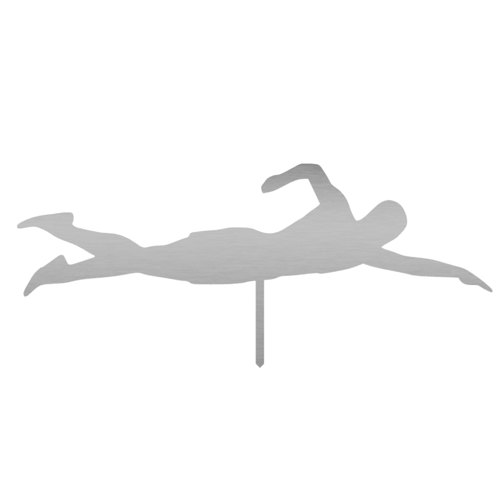 Gartenstecker Schwimmer aus Edelstahl, liegend, vor weißem Hintergrund, dargestellte Schwimmbewegung in Seitenlage, 25,5 x 59 cm, geeignet für Garten- und Landschaftsgestaltung, erhältlich bei Shopify.
