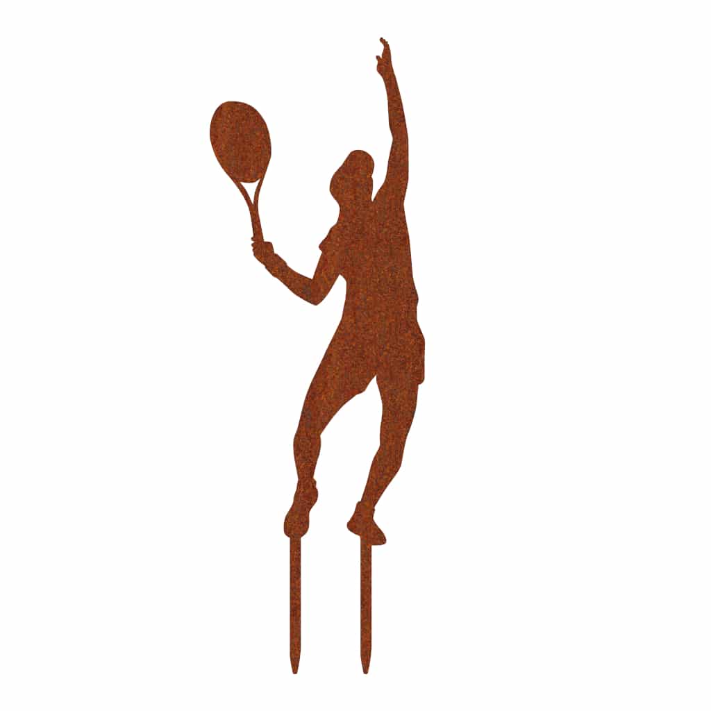 Gartenstecker Tennisspieler aus Cortenstahl mit Edelrost-Patina, 60 x 21 cm, wetterfest und robust, von der Marke.