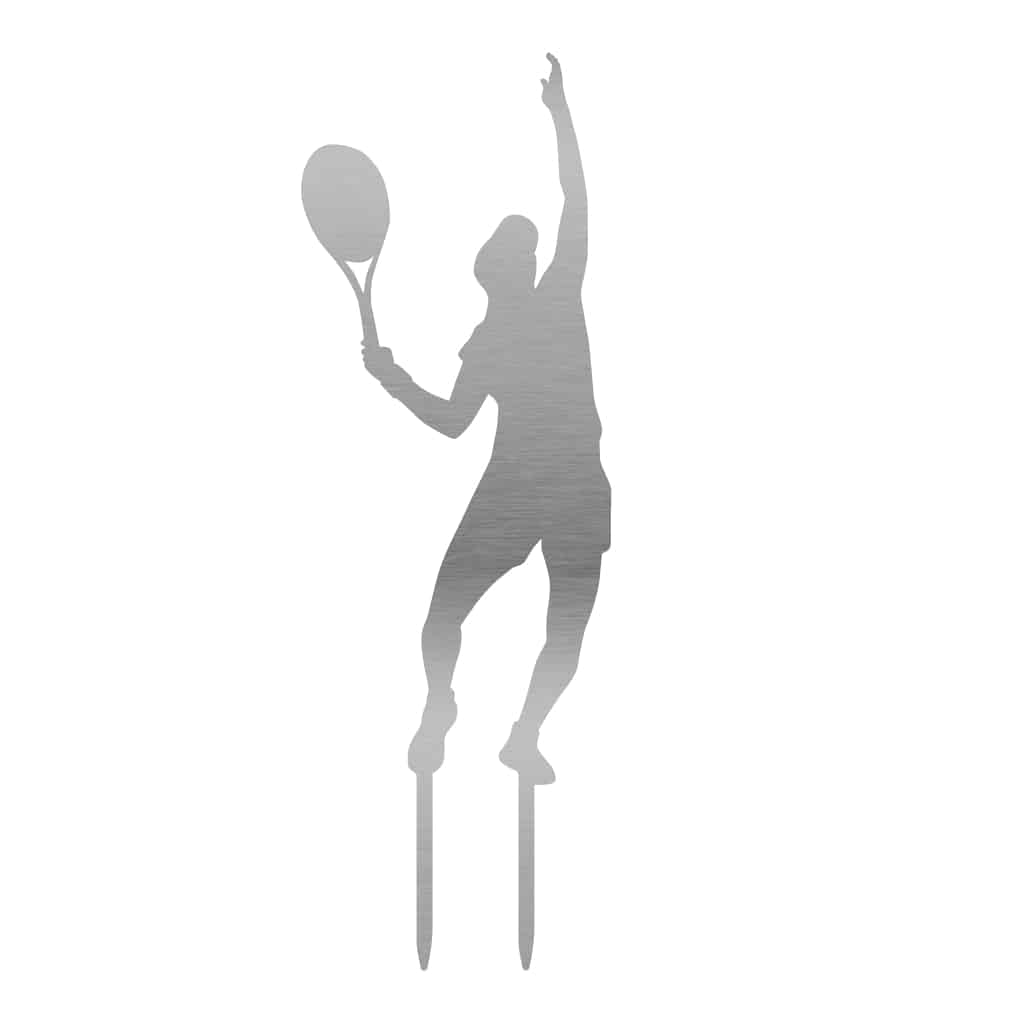 Gartenstecker Tennisspieler aus Edelstahl, robust und elegant, 60 x 21 cm, wetterfeste Gartendekoration für Tennisliebhaber.