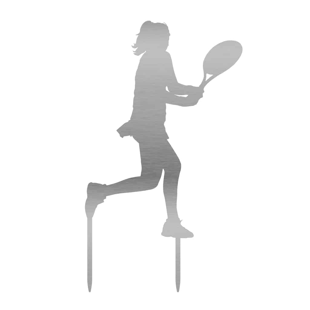 Silhouette einer Tennisspielerin als Gartenstecker in Edelstahl, Abmessungen 60 x 36,5 cm, erhältlich bei Shopify.