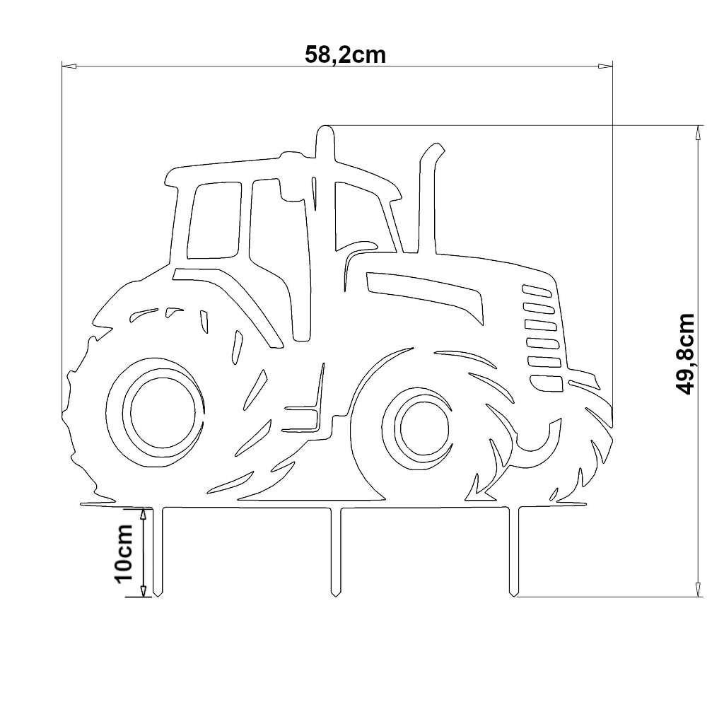 Maßzeichnungen des Gartensteckers Trecker von in den Abmessungen 49,8 x 58,2 cm inklusive Erdspieße, Darstellung eines detaillierten Traktorsymbols.