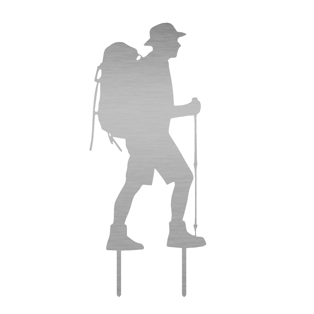 Gartenstecker Wanderer aus Edelstahl, eine filigrane Silhouette eines Wanderers mit Rucksack und Wanderstock, 59 x 25 cm, 2 mm Materialstärke.