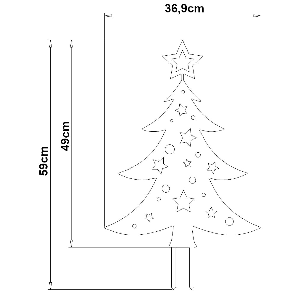 Technische Zeichnung eines Gartensteckers in Weihnachtsbaumform mit Maßangaben. Der Baum ist 49cm hoch und 36,9cm breit, geschmückt mit Sternen und Kugeln. Gesamthöhe mit Erdspießen beträgt 59cm.