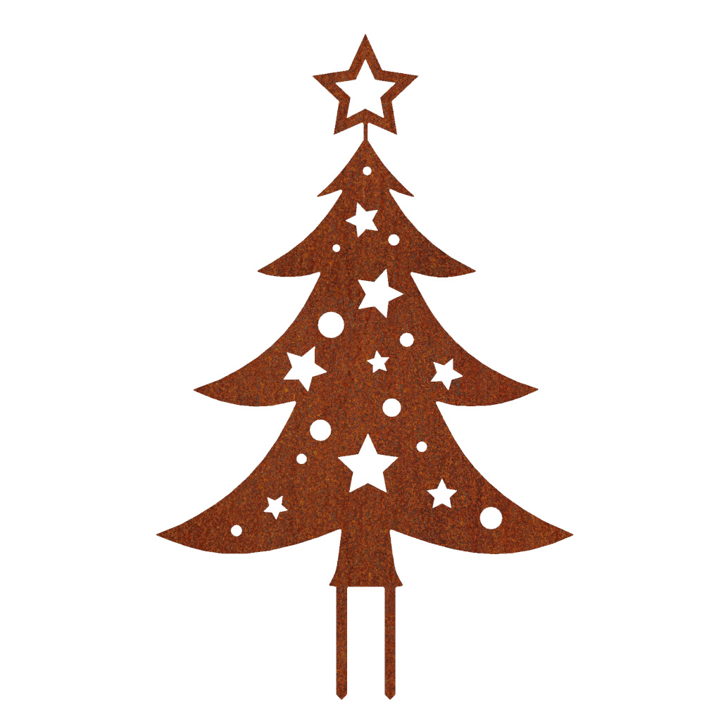 Gartenstecker Weihnachtsbaum aus Cortenstahl, rostbraun mit Sternen und Kreisen verziert, großer Stern an der Spitze, dekorativer Gartenschmuck für festliche Weihnachtsstimmung im Außenbereich