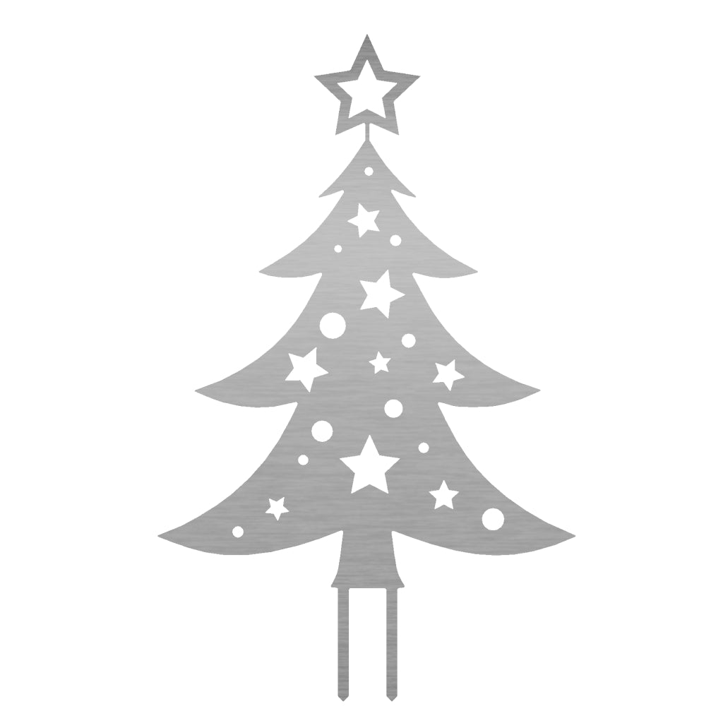 Gartenstecker Weihnachtsbaum aus Metall mit Sternen und Kugeln verziert, stilvolle Gartendekoration für die Weihnachtszeit, erhältlich in Cortenstahl oder Edelstahl