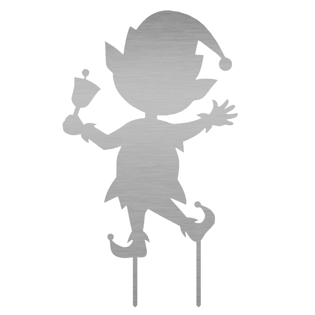 Gartenstecker Weihnachtself aus Edelstahl mit geschliffener Oberfläche, zeigt einen fröhlichen Elfen mit Mütze und Glöckchen, 59,2 x 34,9 cm, verfügbar bei HolidayGarden für festliche Gartendekoration.