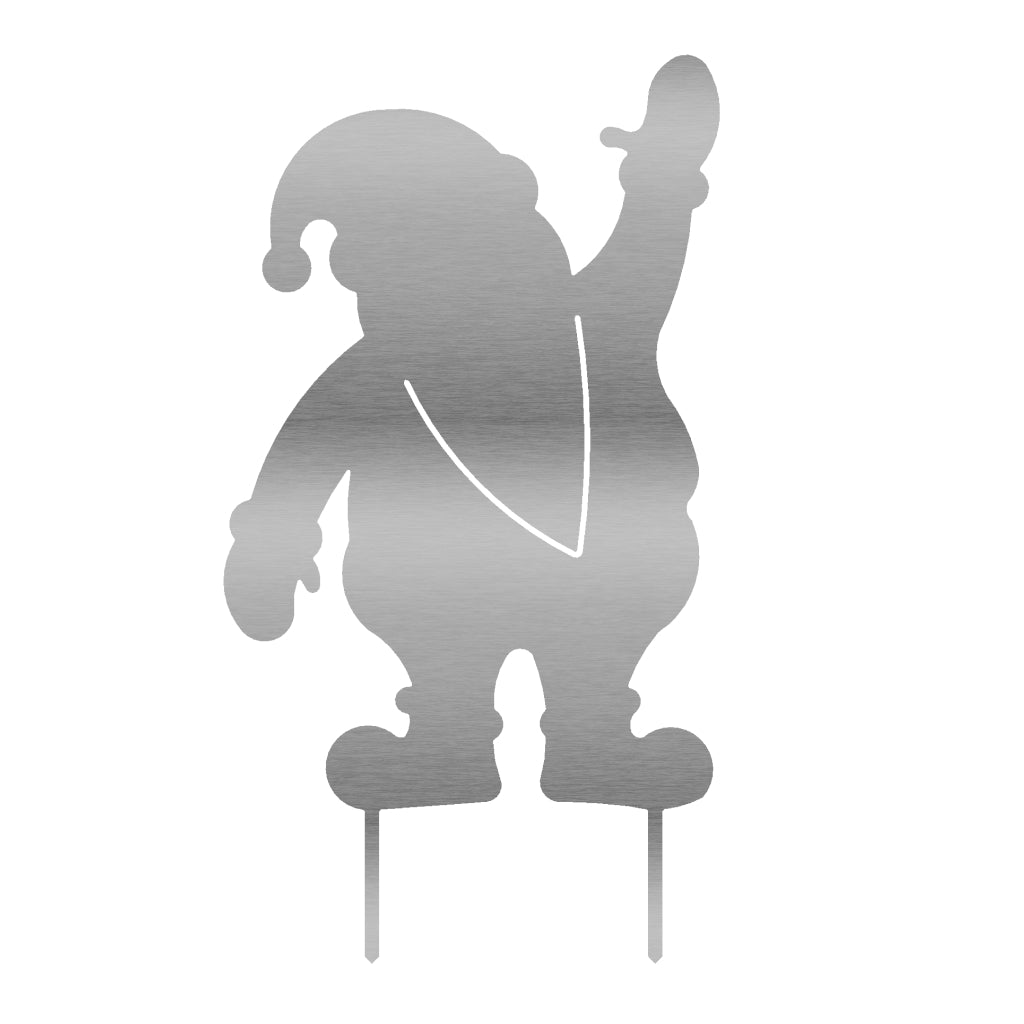 Metall-Gartenstecker in Form eines winkenden Weihnachtsmannes aus Edelstahl, 59 x 32,5 cm, materialstärke 2 mm. Ideal für festlich geschmückte Gärten und widerstandsfähig gegen winterliche Elemente.