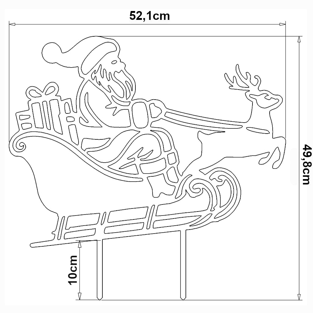 Gartenstecker-Skizze: Weihnachtsmann auf Schlitten mit Rentier, Geschenken und Maßangaben. Filigrane Linienzeichnung zeigt festliche Szene für winterliche Gartendekoration. Abmessungen: 52,1 cm breit, 49,8 cm hoch, 10 cm Erdspieße.