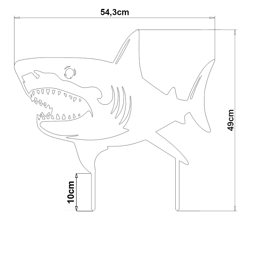 Gartenstecker Weißer Hai aus Cortenstahl oder Edelstahl mit den Maßen 49 x 54,3 cm inkl. Erdspieße, Abbildung der Produktabmessungen