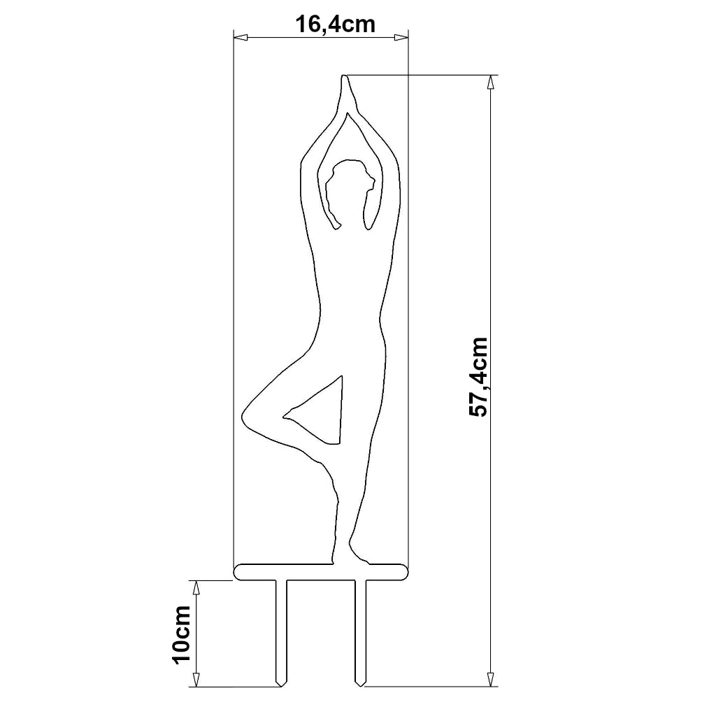Gartenstecker im Yoga-Baum-Design mit den Maßen 57,4 x 16,4 cm, Materialstärke 2 mm, verfügbar in Cortenstahl und Edelstahl.