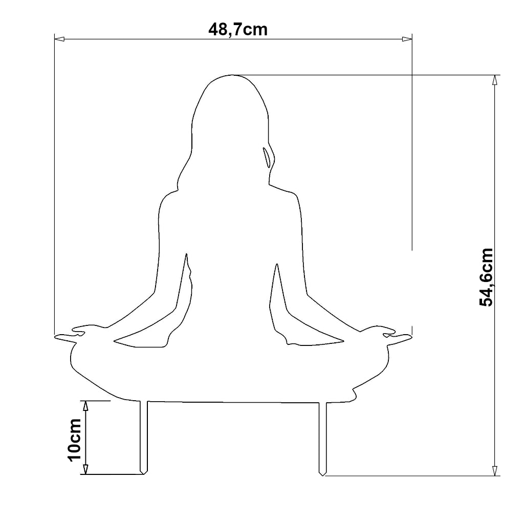Produktbild des Gartenstecker Yoga Lotus mit Maßangaben: Höhe 54,6 cm inklusiv Erdspieße, Breite 48,7 cm, Materialstärke 2 mm. Verfügbar in Cortenstahl und Edelstahl.