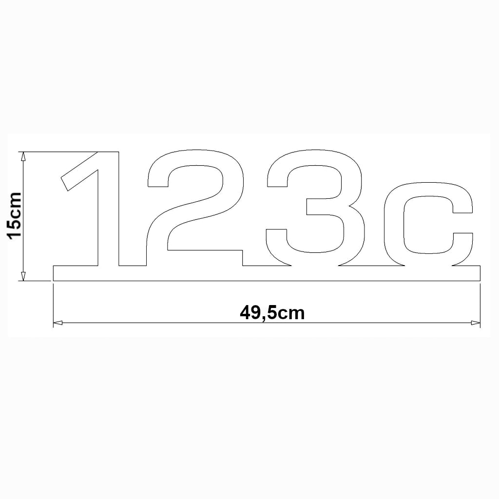 Technische Zeichnung einer modernen Hausnummer 123c mit Maßangaben, 15cm hoch und 49,5cm breit, aus Edelstahl oder Cortenstahl für individuelle Hausgestaltung