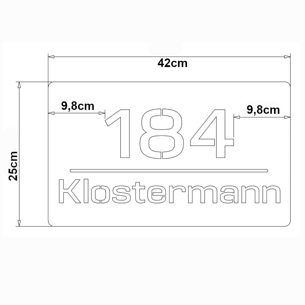 Technische Zeichnung einer personalisierten Hausnummer und Namensschild mit MaĂangaben. Zeigt die Nummer 184 und den Namen Klostermann in moderner Schriftart auf einer rechteckigen Platte von 42cm Breite und 25cm Höhe.