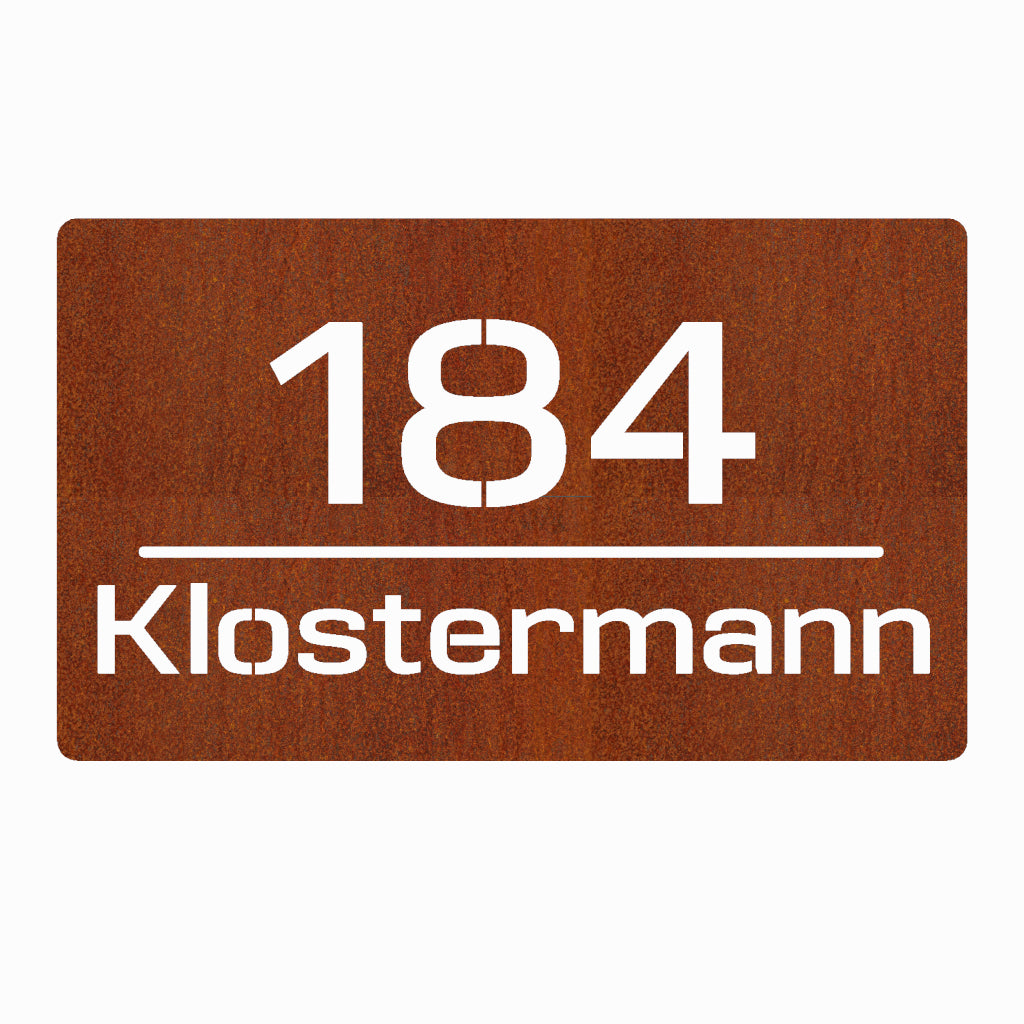 Individuelle Hausnummer 184 und Name Klostermann auf rostroter Cortenstahl-Platte, moderne und rustikale Kombination fĂŒr Hauswand oder Eingangsbereich