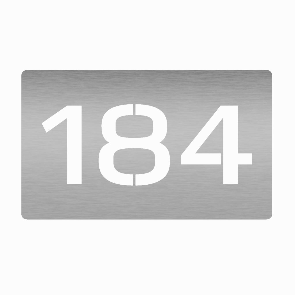 Moderne Hausnummer 184 aus gebürstetem Edelstahl, rechteckig gestaltet mit klaren weißen Ziffern auf silbergrauem Hintergrund für stilvolle und gut sichtbare Hausidentifikation