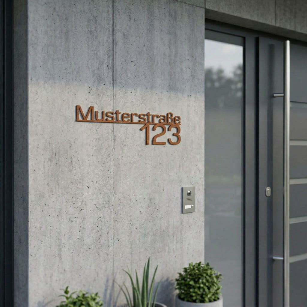 Haustür mit einem Schild aus Cortenstahl. Straße mit Hausnummer