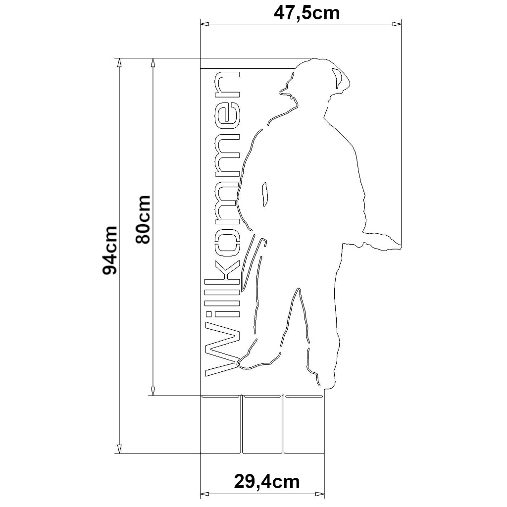 Technische Zeichnung eines Willkommenschilds mit Feuerwehrmann-Silhouette, Maßangaben 47,5x80cm, Schriftzug "Willkommen" vertikal, Standfüße sichtbar, minimalistisches Design in Schwarz-Weiß