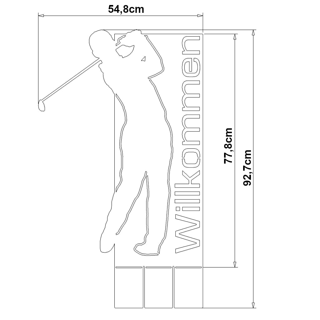 Umrisszeichnung eines "Willkommen Schild Golfer" mit einem Golfer in Aktion und dem Schriftzug "Willkommen" rechts daneben, Stellmaße 77,8 cm Höhe und 54,8 cm Breite, Materialstärke 2 mm, Material erhältlich in Cortenstahl (Edelrost) und Edelstahl, Gesamtgröße inkl. biegbare Stellplatten 92,7 cm.