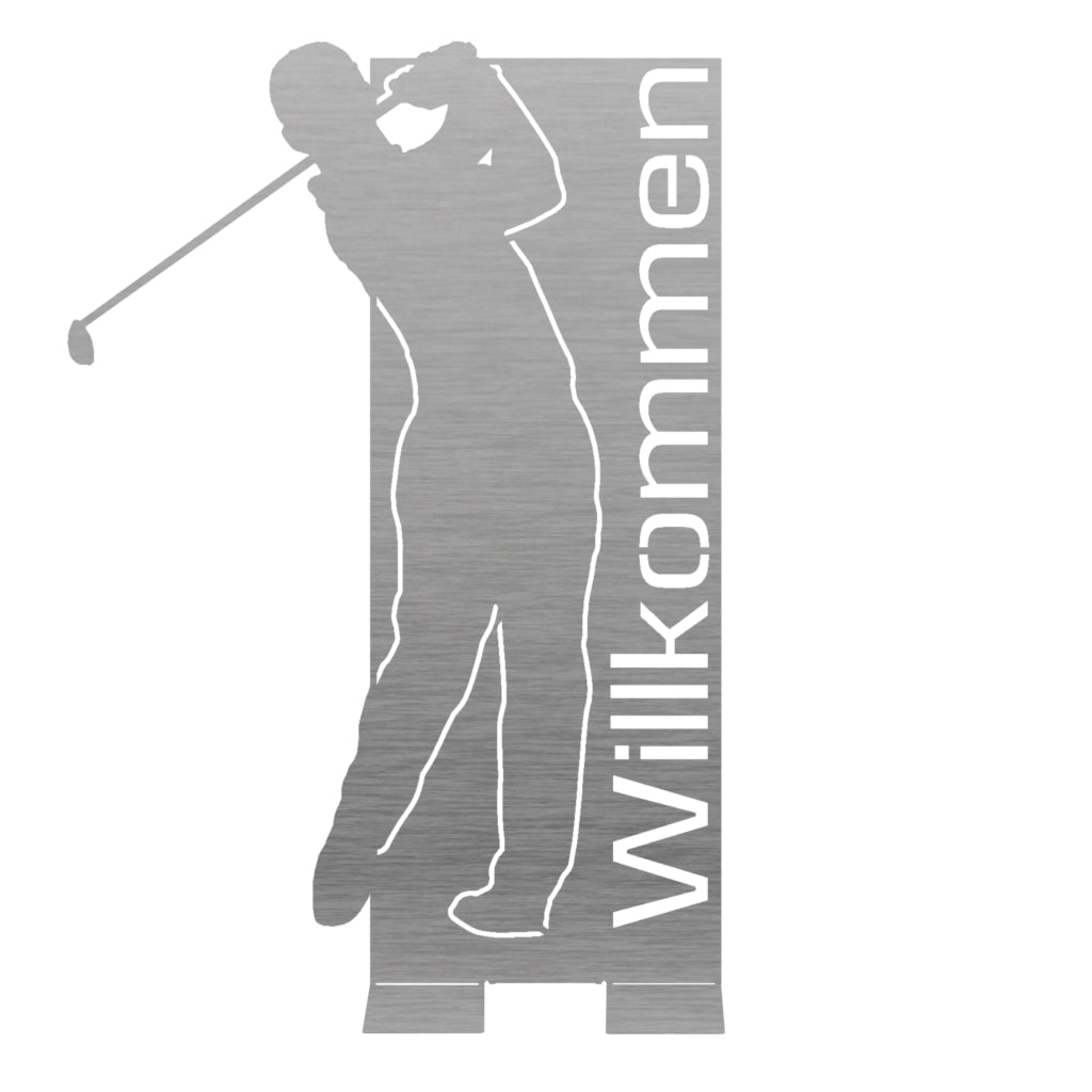 Edelstahl-Golfer Willkommensschild mit ausgeschnittener Golfer-Silhouette und dem Schriftzug "Willkommen"
