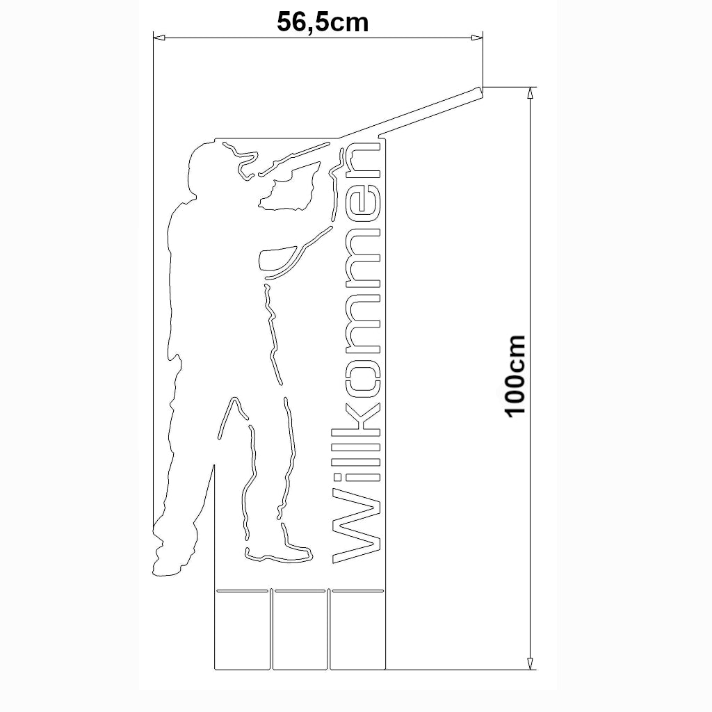 Technische Zeichnung eines Willkommenschilds für Jäger, 56,5 cm breit und 100 cm hoch, mit Silhouette eines Jägers und 'Willkommen' Schriftzug, inklusive Stellplatten am unteren Rand