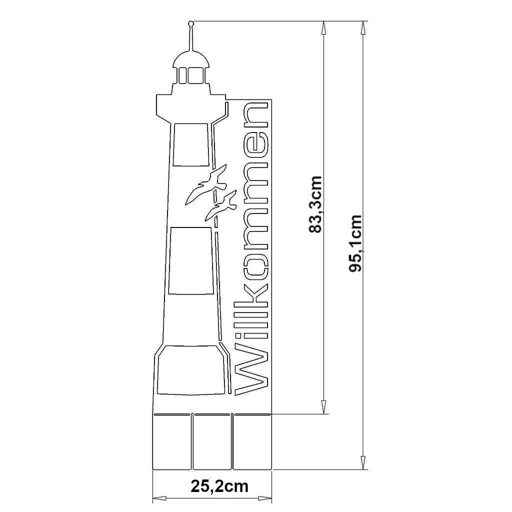 Schwarz-Weiß-Skizze eines "Willkommen Schilds" mit Leuchtturm aus Cortenstahl oder Edelstahl, Maße 83,3 x 25,2 cm, Schriftzug "Willkommen" und maritimes Design.