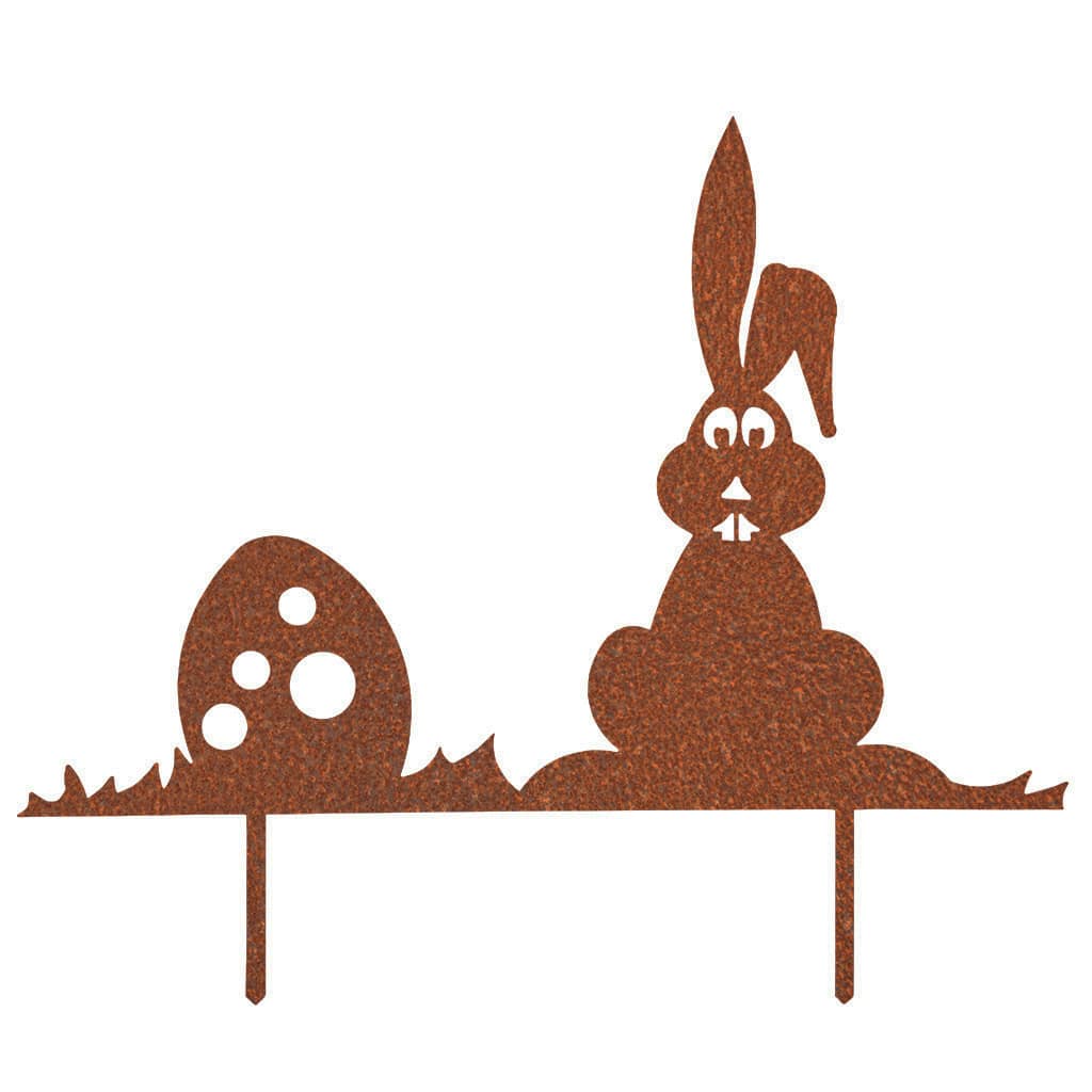 Gartenstecker Osterhase und Osterei aus Cortenstahl mit Edelrostpatina, zeigt einen sitzenden Hasen neben einem Osterei, perfekt für die Osterdeko im Garten.