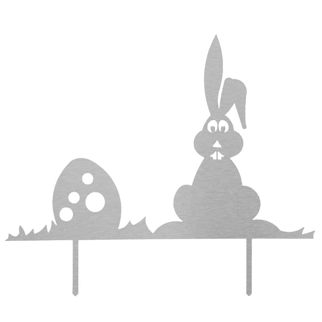 Gartenstecker "Osterhase & Osterei" aus Edelstahl mit glänzender Oberfläche und zeitlosem Design, ideal für eine moderne und festliche Gartendekoration zu Ostern.