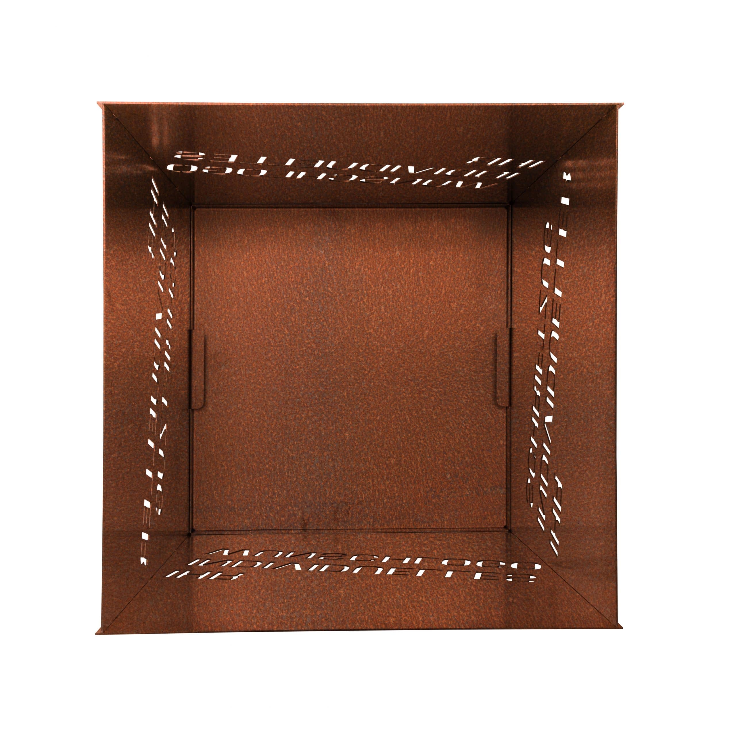 Produktbild des personalisierbaren Feuerkorbs "Individuell" aus robustem Cortenstahl mit herausnehmbarem Ascheboden und einzigartiger Rostpatinaentwicklung.