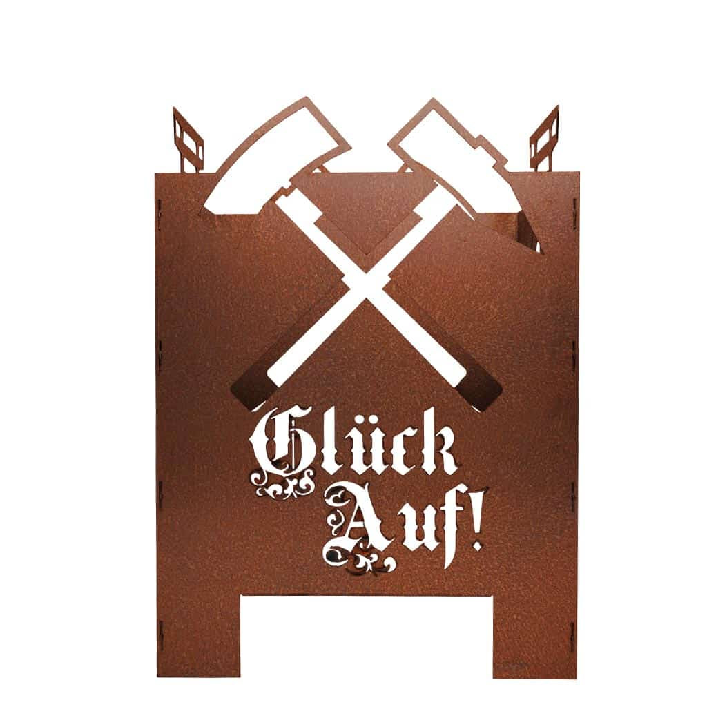 Feuerkorb "Ruhrpott" aus Cortenstahl mit den Maßen 60 x 50 cm, geprägt von industriellem Charme. Die Vorderseite zeigt die Silhouette des Ruhrgebiets und die Aufschrift "Glück Auf!". Im warmen Licht der Flammen entfaltet sich die rostige Patina des robusten Materials zu einem Kunstwerk.