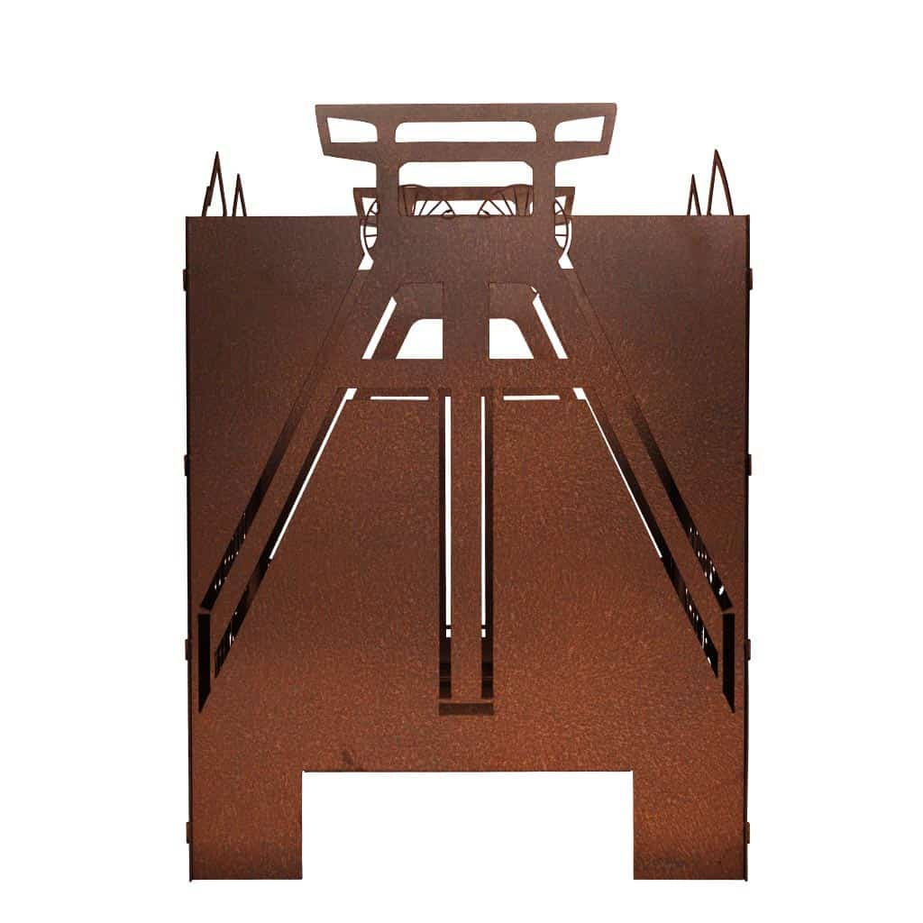 Feuerkorb Ruhrpott aus Cortenstahl mit industriellem Design und herausnehmbarem Ascheboden, Abmessungen 60 x 50 cm.
