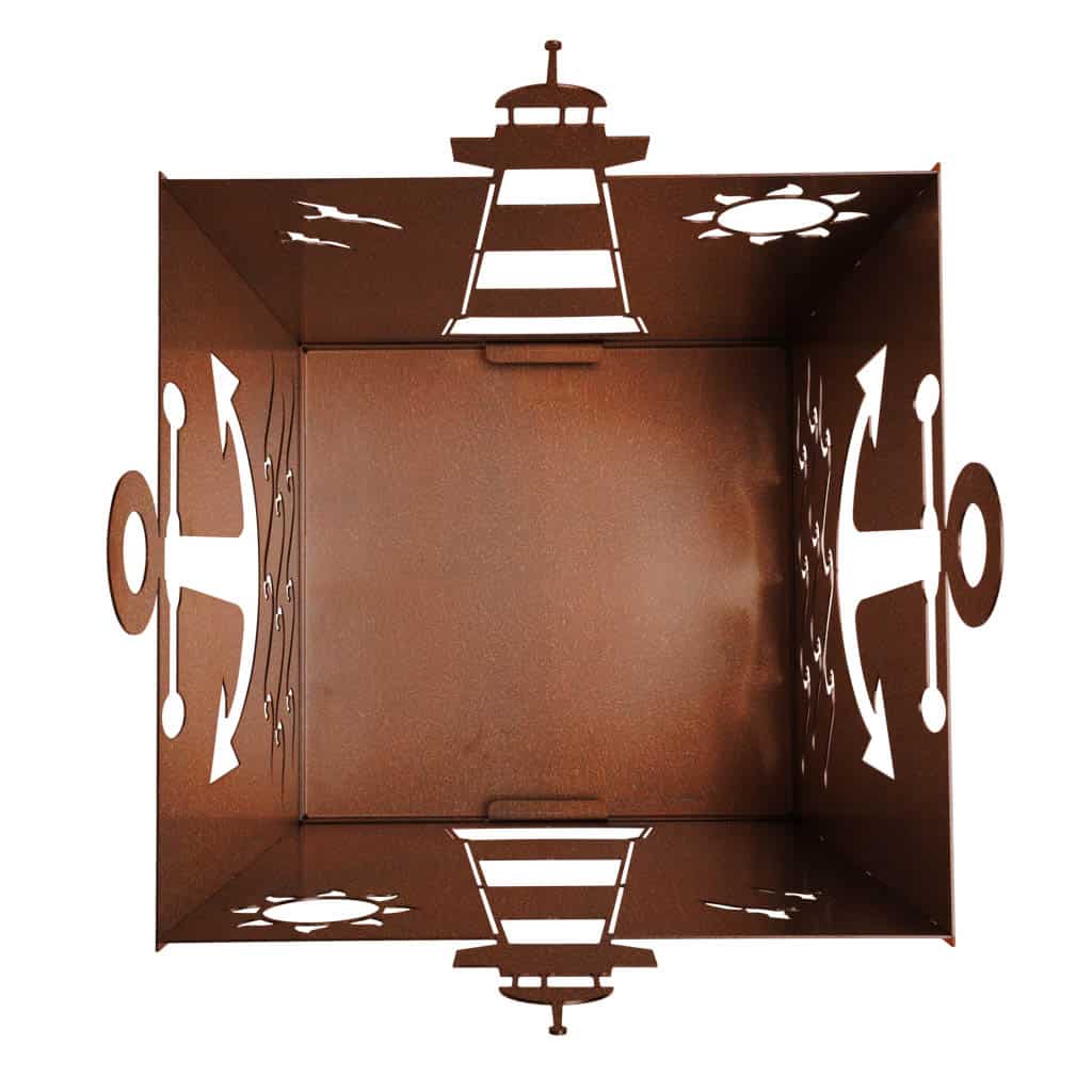 Feuerkorb Ameland aus Cortenstahl Edelrost mit maritimem Design, herausnehmbarem Ascheboden und nordischem Flair.