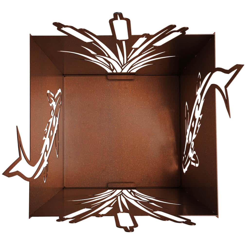 Hochwertiger Feuerkorb "Koi" aus Cortenstahl mit filigranen Koi-Motiven und herausnehmbarem Ascheboden, Abmessungen 60 x 50 cm.