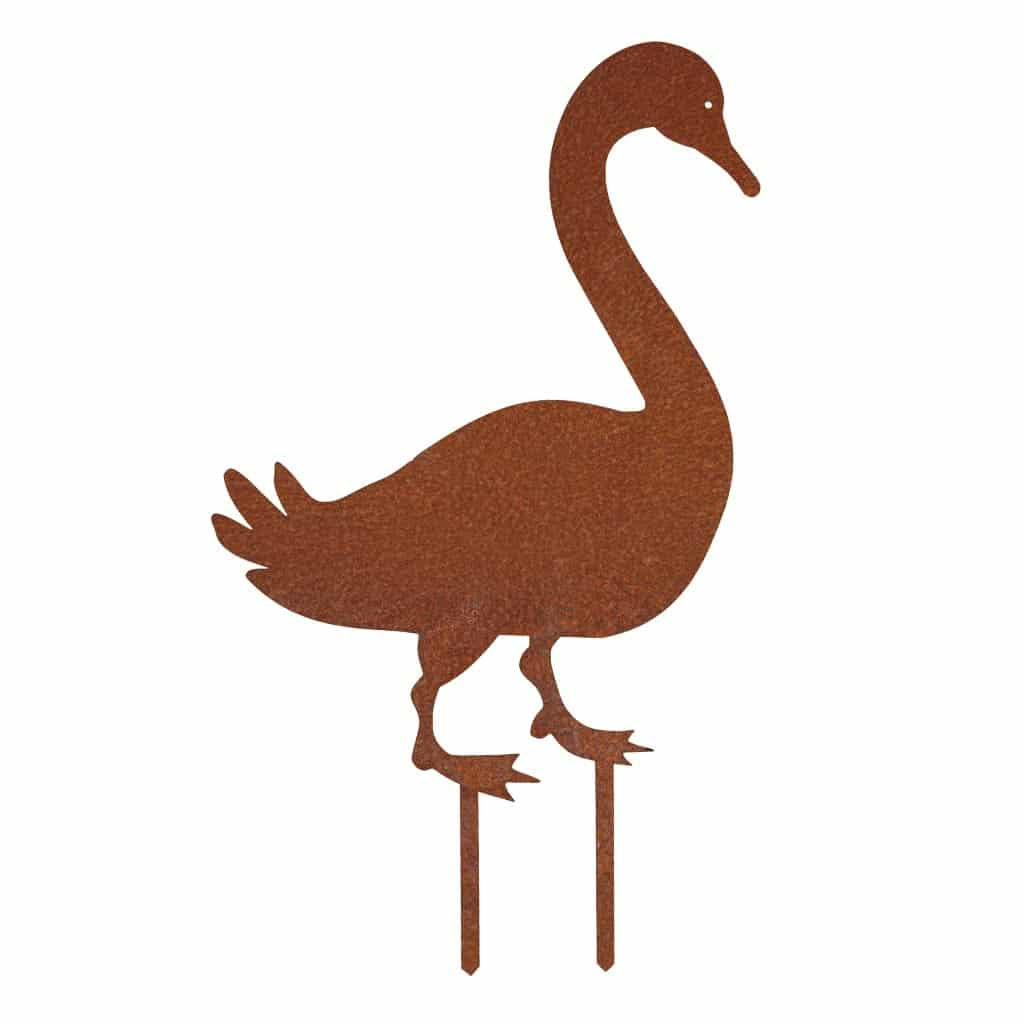 Gartenstecker Gans aus Cortenstahl mit Edelrost-Patina, Abmessungen 50,5 x 30 cm.