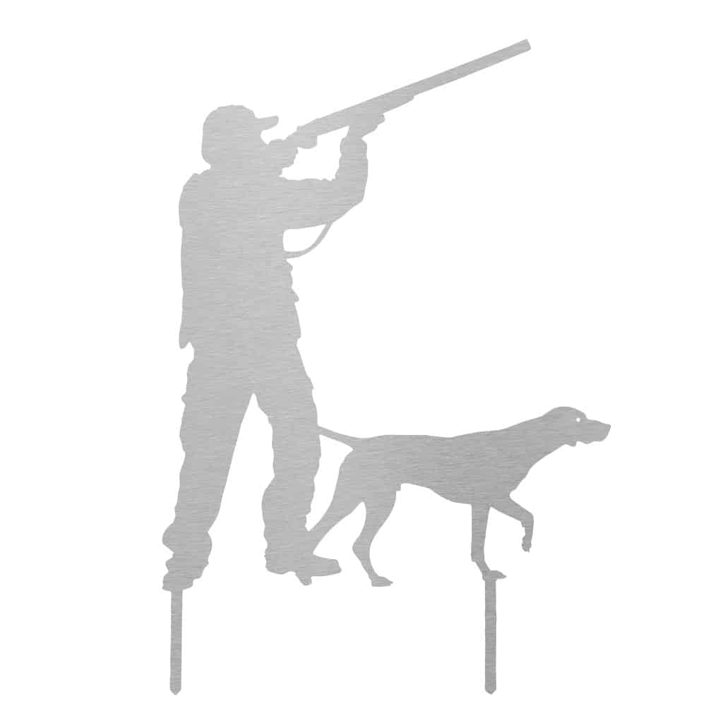 Gartenstecker Jäger - Deutsch Kurzhaar aus Edelstahl, zeigt die Silhouette eines Jägers mit Gewehr und Jagdhund, ideal für naturverbundene Gartenliebhaber.