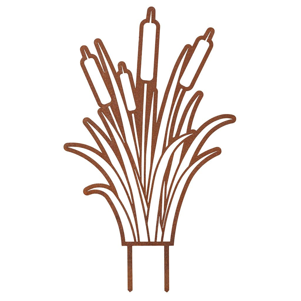 Gartenstecker Rohrkolben aus Cortenstahl mit natürlicher Rostpatina, ideal für dekorative Gartengestaltung. Abmessungen: 40 x 32,2 cm.