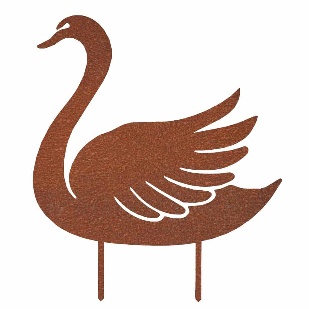 Gartenstecker "Schwan" aus Cortenstahl mit Edelrost-Patina, elegantes Design für eine königliche Note im Garten.