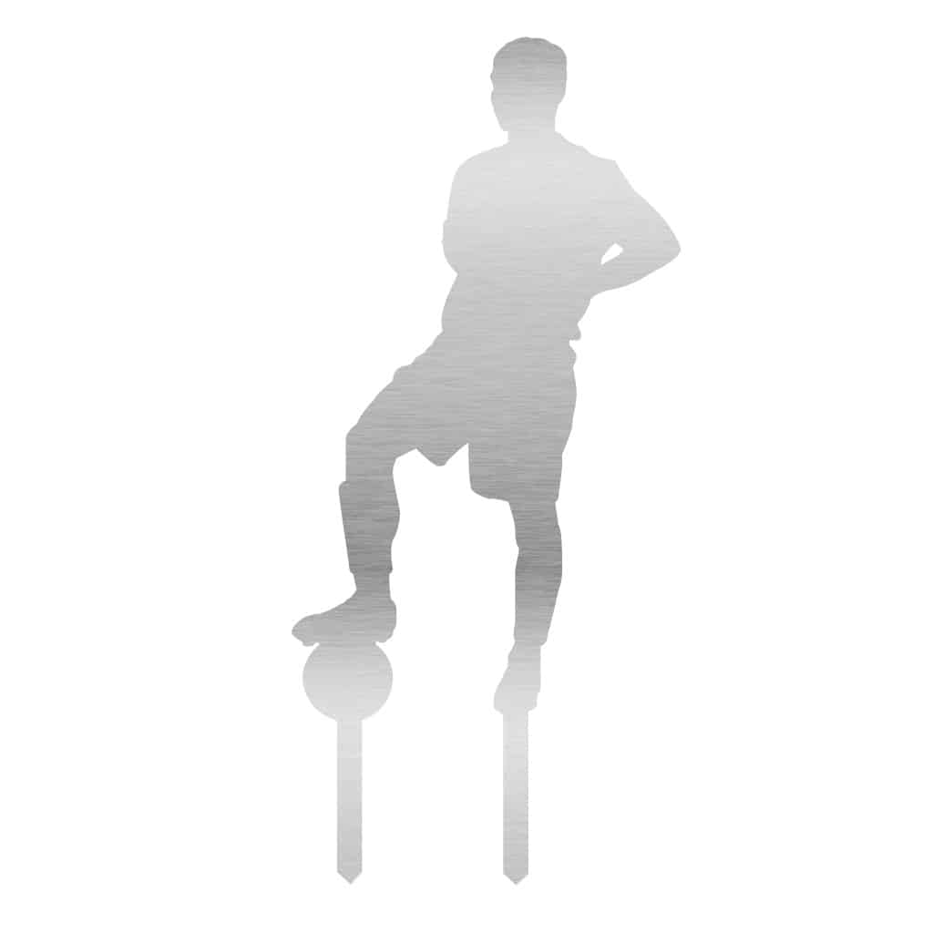 Edelstahl Gartenstecker in Form eines Fußballers mit einem Fuß auf dem Ball, 60 x 28,7 cm, robust und wetterfest