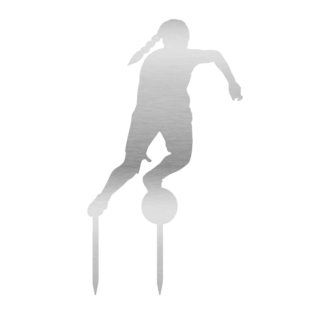 Fußballerin Gartenstecker aus Edelstahl, 60 x 39,5 cm, im modernen und eleganten Design für Fußballfans und Gartenliebhaber.