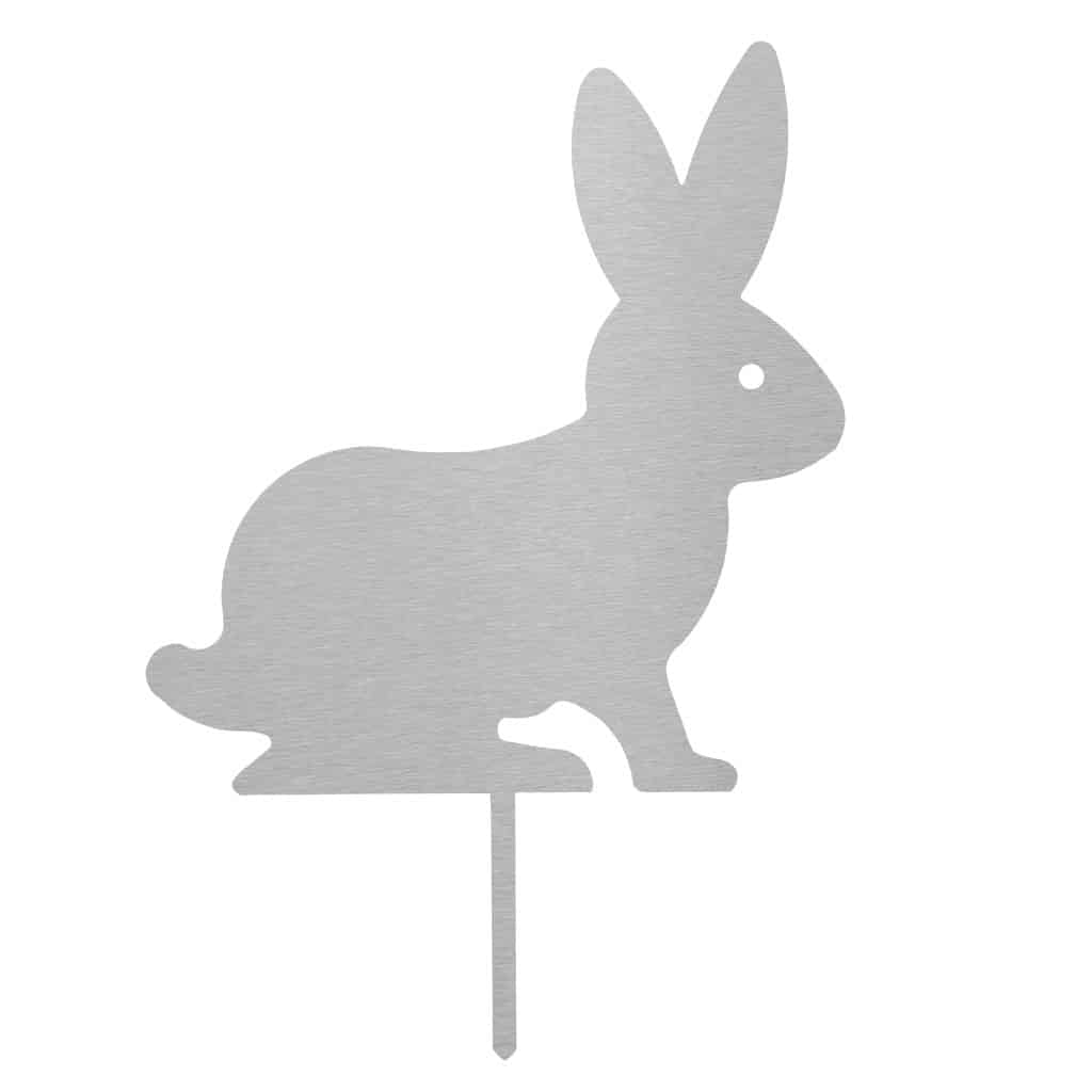 Gartenstecker Osterhase sitzend aus Edelstahl, modern und elegant, 40,7 x 28,5 cm, ideal für die Osterdekoration im Außenbereich.