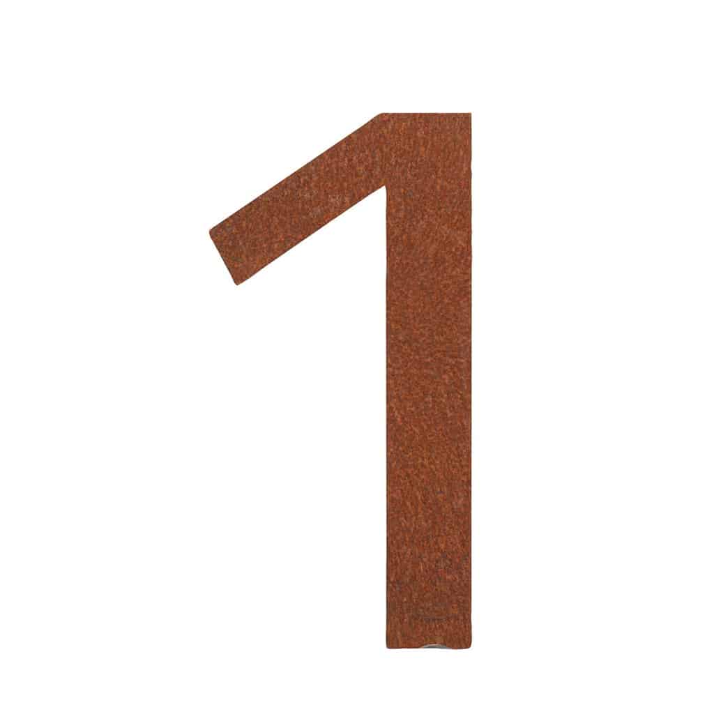 Hausnummer 1 aus Cortenstahl mit Edelrost, zeitlose Eleganz und rustikaler Charme, ideal fĂŒr individuelle Gestaltung des Eingangsbereichs.