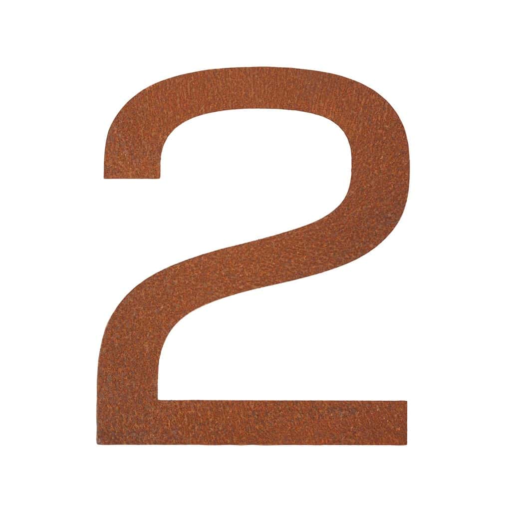 Hausnummer 2 aus hochwertigem Cortenstahl mit Edelrost-OberflÀche, 14,5 x 12,6 cm.
