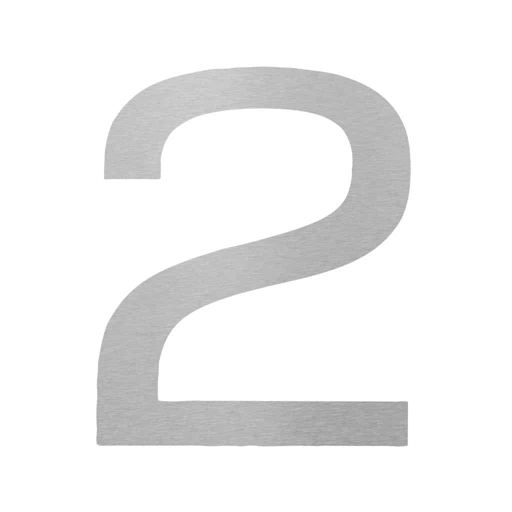 Hausnummer 2 aus glĂ€nzendem Edelstahl fĂŒr eine zeitlose und elegante Gestaltung des Eingangsbereichs von Maison & Co.