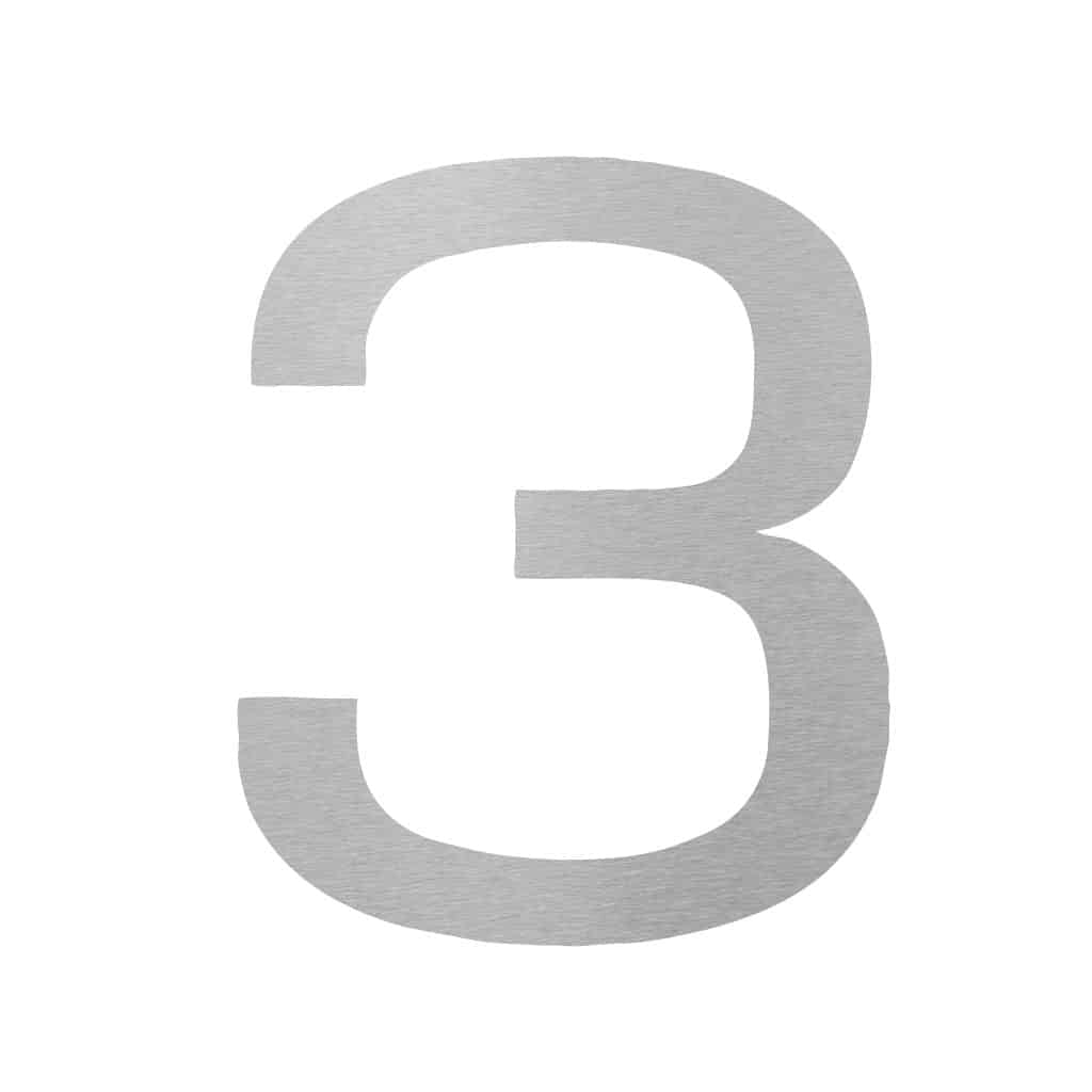 Hausnummer 3 aus Edelstahl, klare Formgebung, zeitlose Eleganz, geeignet fĂŒr die individuelle Gestaltung des Eingangsbereichs, Produkt von Shopify.