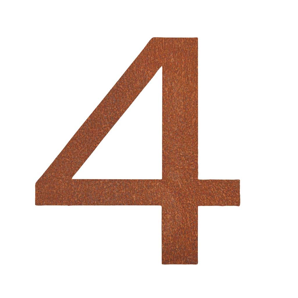 Hausnummer 4 aus Cortenstahl mit Edelrost, zeitlose Eleganz fĂŒr den Eingangsbereich, erhĂ€ltlich bei Shopify.