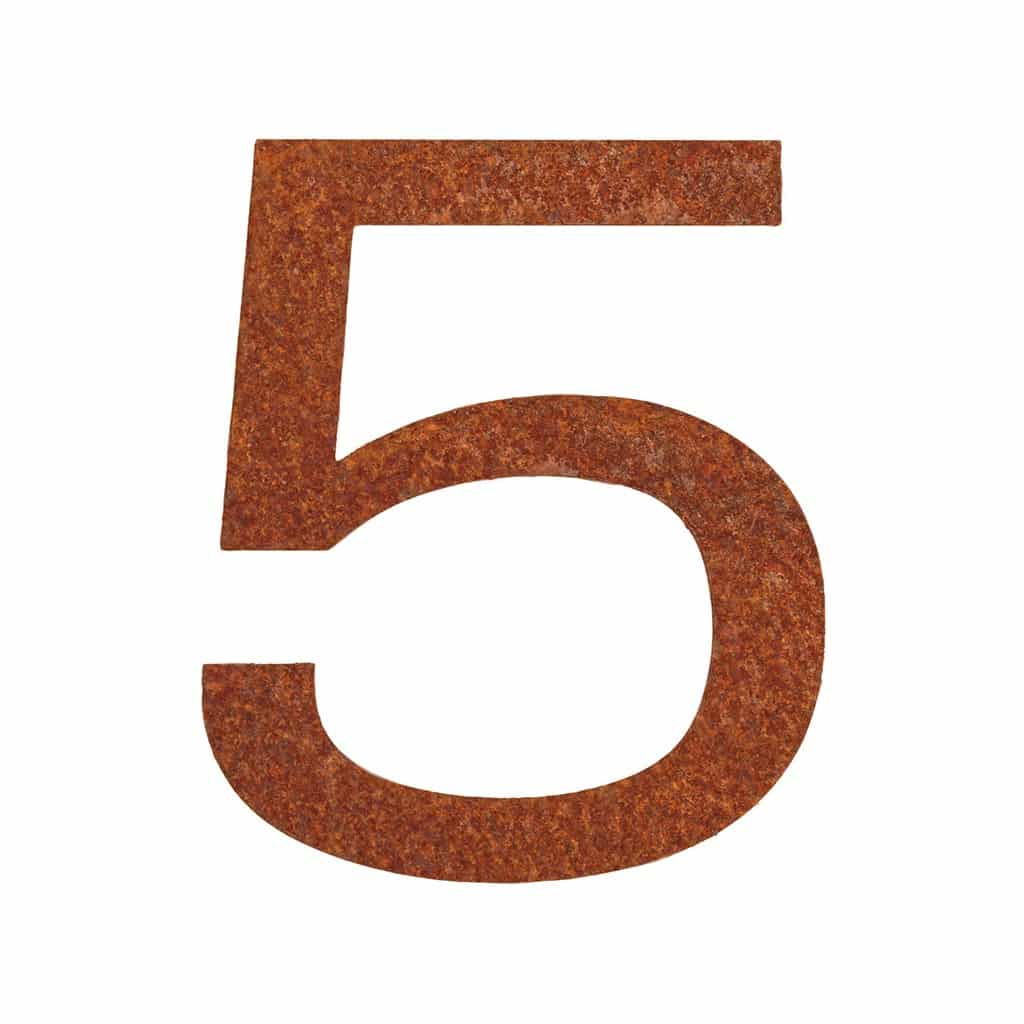 Hausnummer 5 aus Cortenstahl mit einzigartiger Rostpatina, 14,5 x 12,6 cm - hochwertige Herstellung und stilvolle Gestaltung von mit hoher WetterbestÀndigkeit