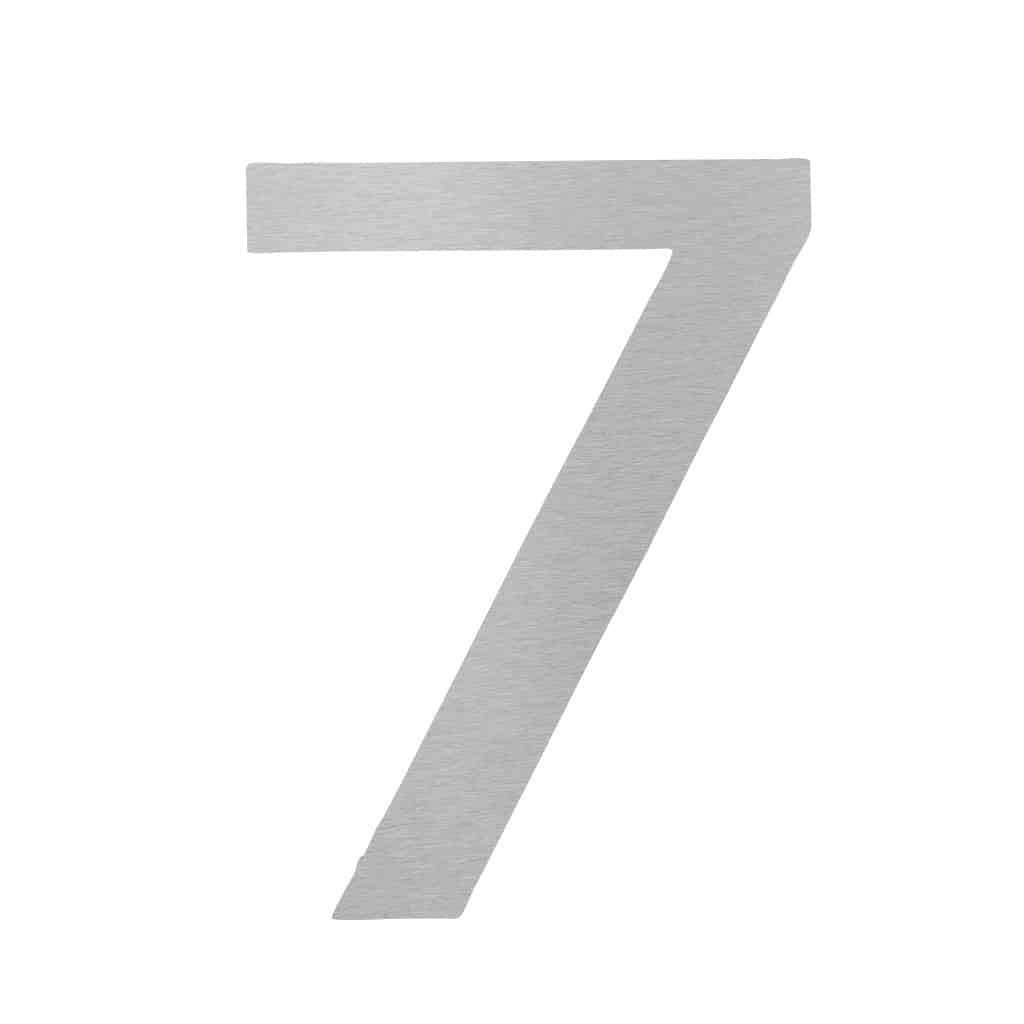 Hausnummer 7 in Edelstahl, zeitlos elegant und modern, verfĂŒgbar bei Shopify.