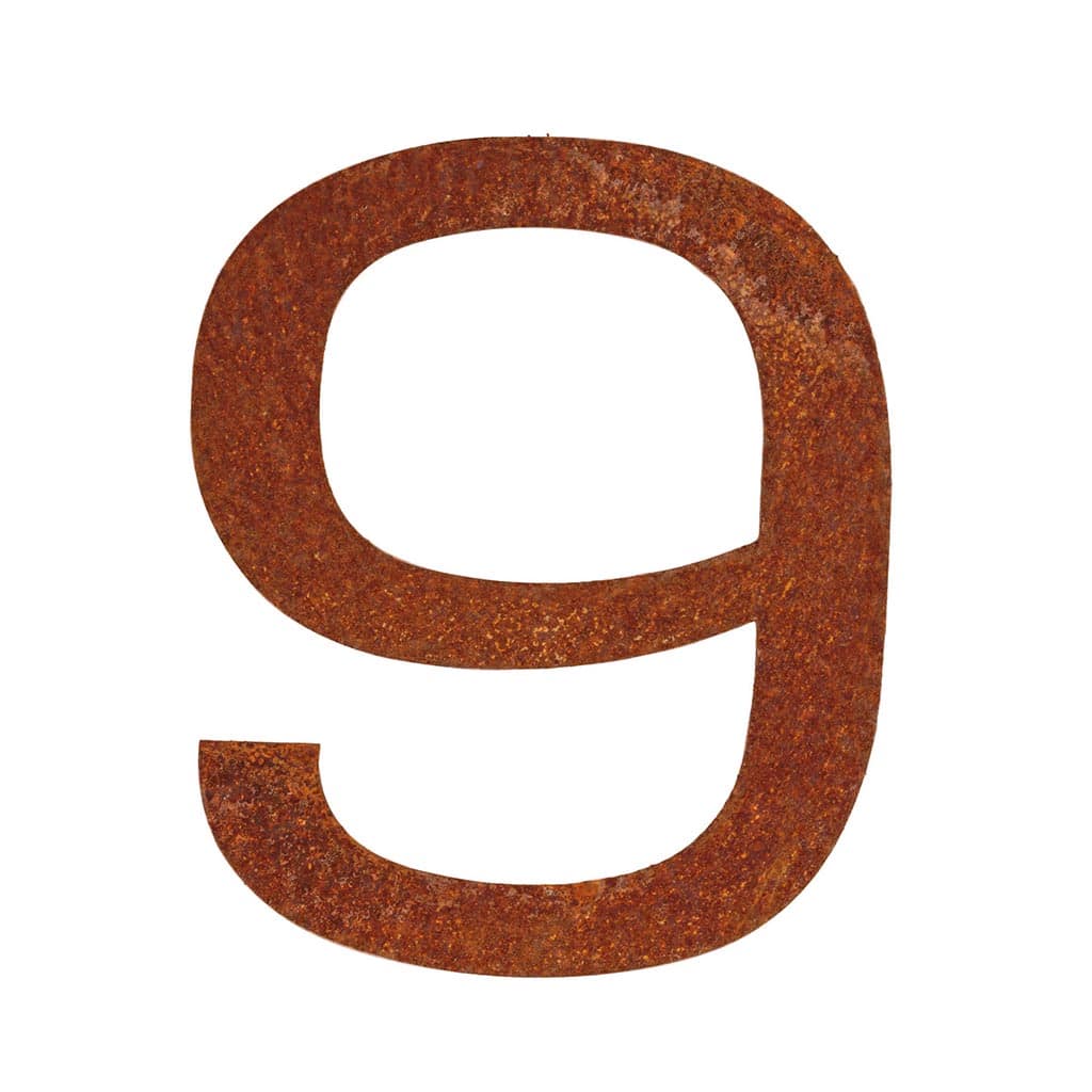 Hausnummer 9 aus Cortenstahl mit Edelrostpatina, 14,5 x 12,6 cm