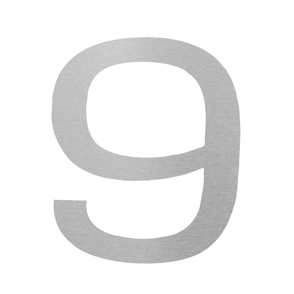 Hausnummer 9 aus Edelstahl in moderner Formgebung, erhÀltlich bei Gartentraum Leipzig und Traumhaus Designs.