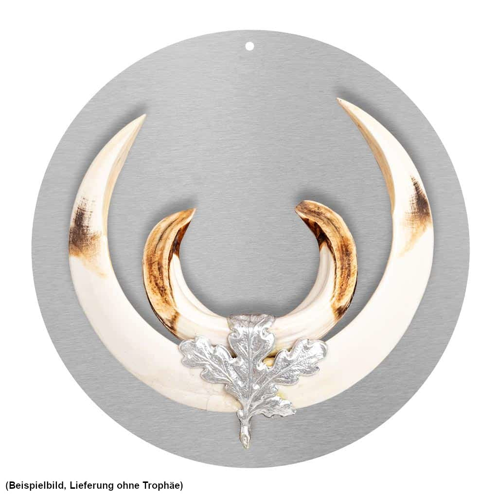 Keilerbrett aus Cortenstahl oder Edelstahl, erhÀltlich in verschiedenen Durchmessern, zur dekorativen PrÀsentation von TrophÀen im Jagdraum.
