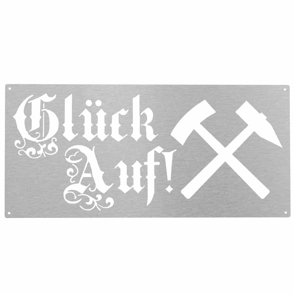 Wandbild "Glück Auf" aus Edelstahl mit Schriftzug und stilisiertem Schlägel- und Eisenmotiv, 60 x 28 cm.